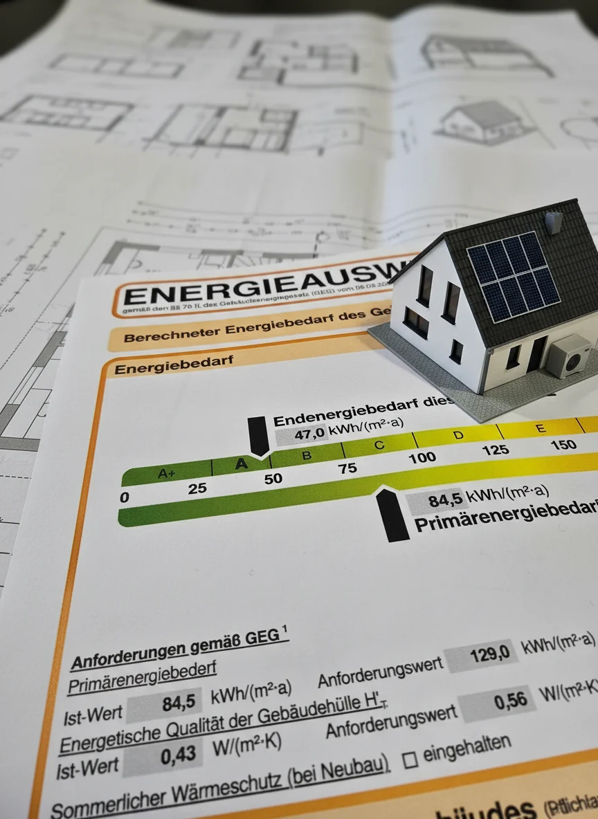 Energieausweis, Baupläne und Gebäudemodell bei einer Energieberatung.